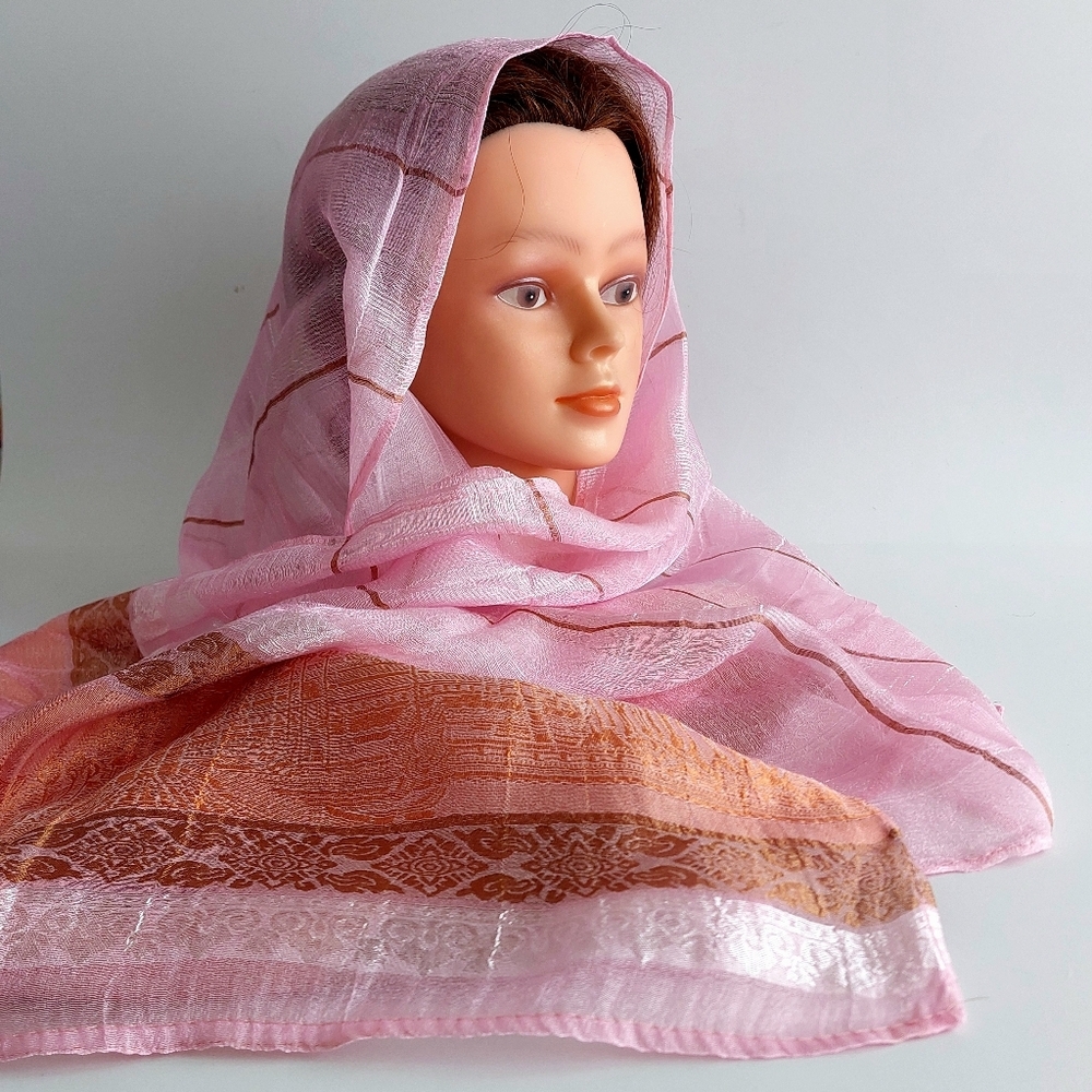 Vintage Silk Shawl Pink Orange Angkor Wat Shoulder Wrap